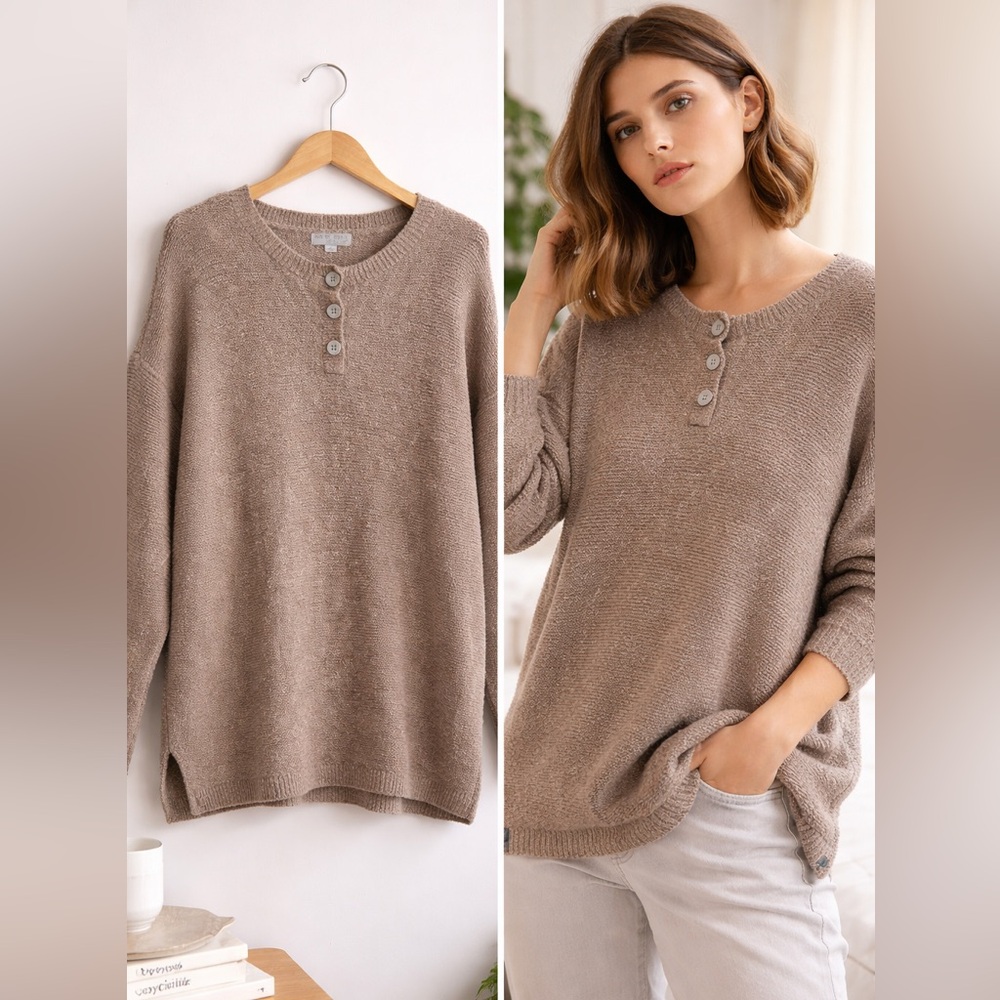 Barefoot Dreams CozyChic Lite Taupe Henley Sweater Women’s Large Soft Cozy